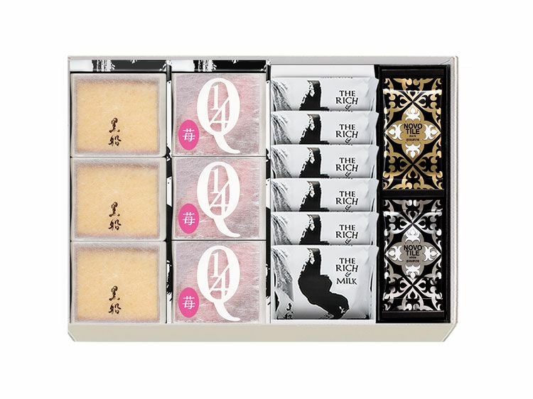 黒船カステラbebe(3個)・クアルトバウム 苺(3個)・ザ リッチ アンド ミルク(6枚)・ノボタイル(12枚)の詰め合わせ
